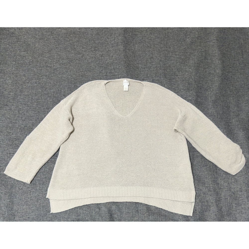 Chico's Womens 2 Sweater Beige V-Neck Roll Tab Sleeve Knit
